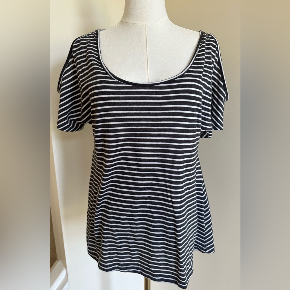 Cold Shoulder Black/White Striped Shirt- Large